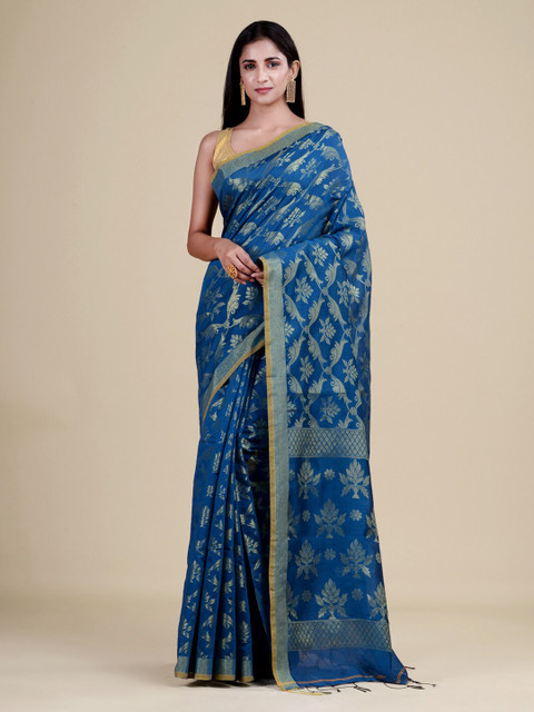 

Laa Calcutta Blue & Beige Woven Design Jute Silk Jamdani Saree