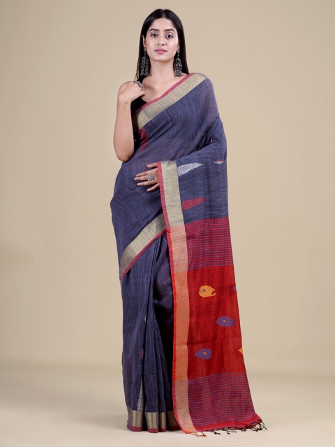 

Laa Calcutta Grey & Gold-Toned Woven Design Zari Jute Silk Jamdani Saree