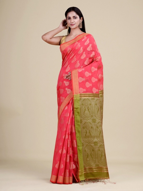 

Laa Calcutta Pink & Green Ethnic Motifs Zari Jute Silk Jamdani Saree