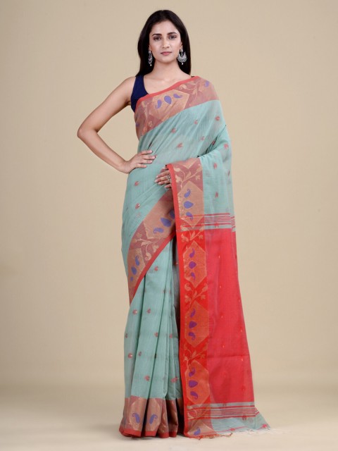 

Laa Calcutta Sea Green & Red Woven Design Zari Jute Silk Jamdani Saree