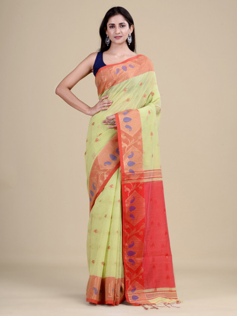 

Laa Calcutta Green & Pink Ethnic Motifs Zari Jute Silk Jamdani Saree
