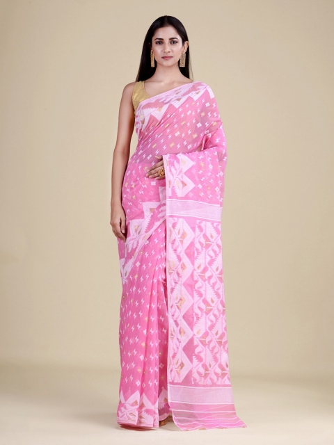 

Laa Calcutta Pink & White Woven Design Jute Silk Jamdani Saree