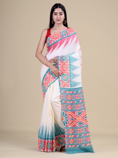 

Laa Calcutta White & Blue Floral Jute Silk Jamdani Saree