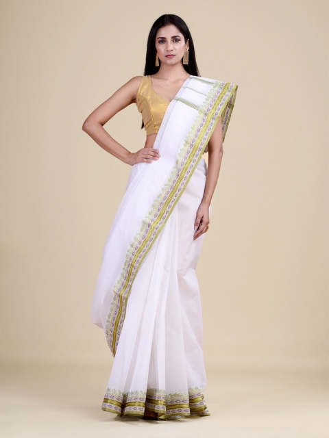 

Laa Calcutta White & Green Woven Design Zari Jute Silk Jamdani Saree