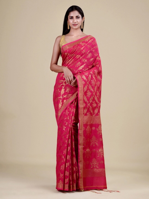 

Laa Calcutta Pink & Gold-Toned Woven Design Zari Jute Silk Jamdani Saree