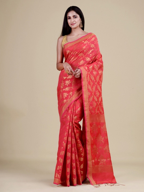 

Laa Calcutta Pink & Gold-Toned Woven Design Jute Silk Jamdani Saree