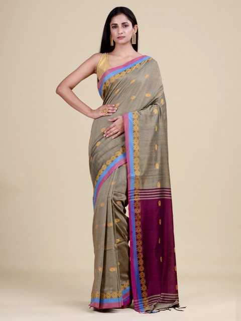 

Laa Calcutta Grey & Burgundy Woven Design Zari Jute Silk Jamdani Saree