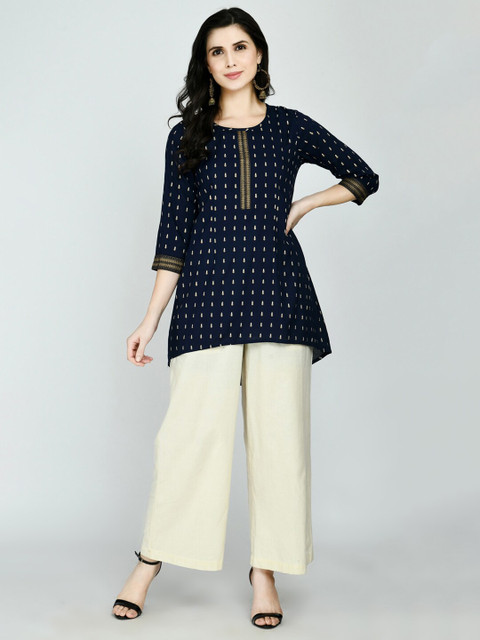 

KALINI Blue & Gold-Toned Ethnic Motifs Printed Embellished A-Line Kurti