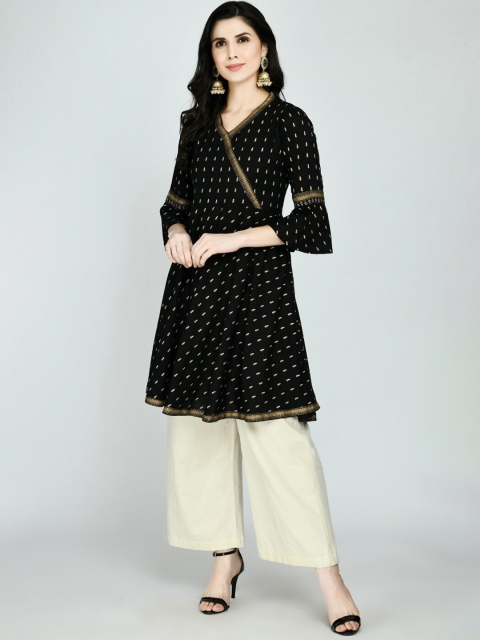 

KALINI Black Ethnic Motifs Printed V-Neck Angrakha Embellished Kurti