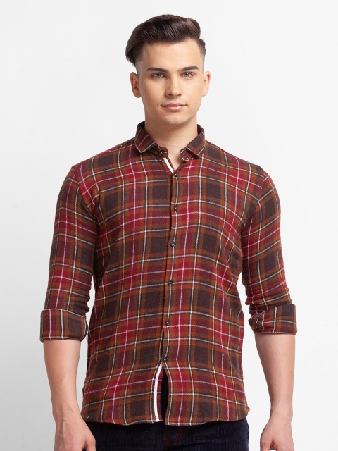 

mode de base Men Brown Slim Fit Tartan Checks Checked Casual Shirt