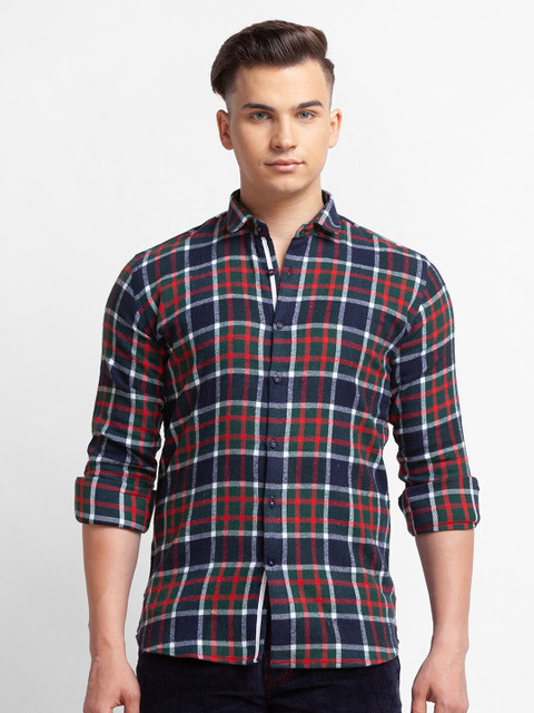 

mode de base Men Blue Slim Fit Tartan Checks Checked Casual Shirt