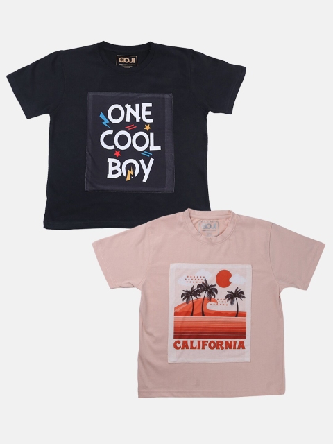 

GOJI Kids Assorted & raisin black Typography Printed Applique T-shirt