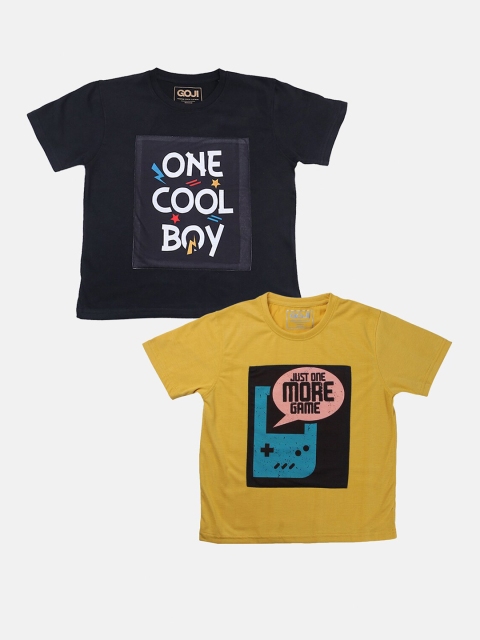 

GOJI Boys Black & Yellow Typography Printed T-shirt Pack Of 2