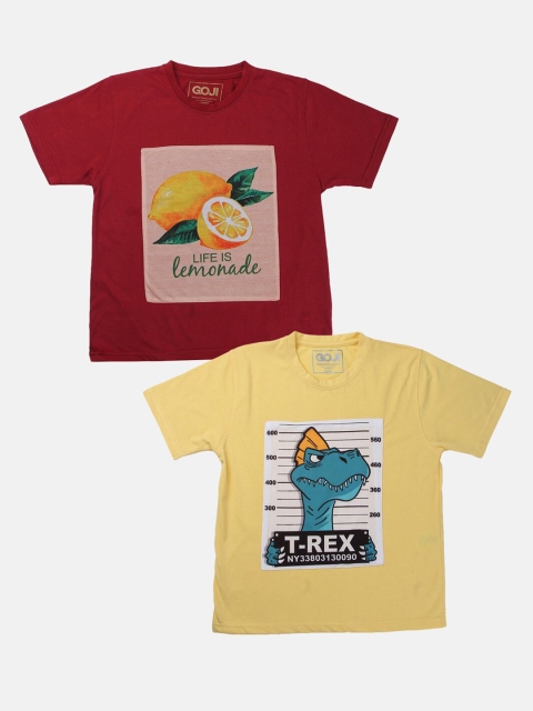 

GOJI Kids Assorted & falu red Typography Printed Applique T-shirt
