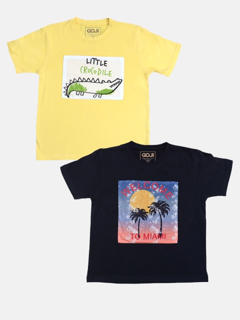 

GOJI Boys Yellow & Black Printed Tropical Set of 2 T-shirt