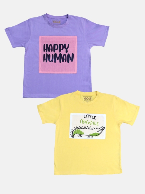 

GOJI Boys Assorted & pastel magenta Set Of 2 Typography Printed T-shirt
