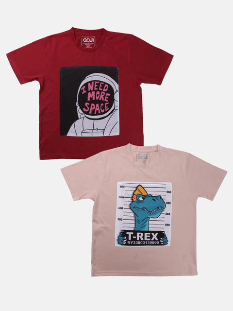 

GOJI Kids Assorted & falu red Typography Printed Applique T-shirt