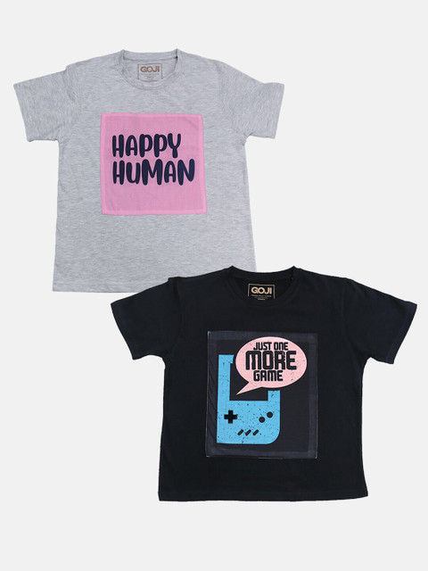 

GOJI Boys Grey & Black Set of 2 Typography Printed T-shirt