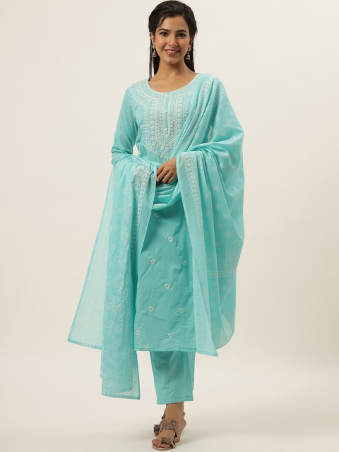 

DIVYANK Women Turquoise Blue Ethnic Motifs Embroidered Pleated Thread Work Pure Cotton Kurti with Trousers &