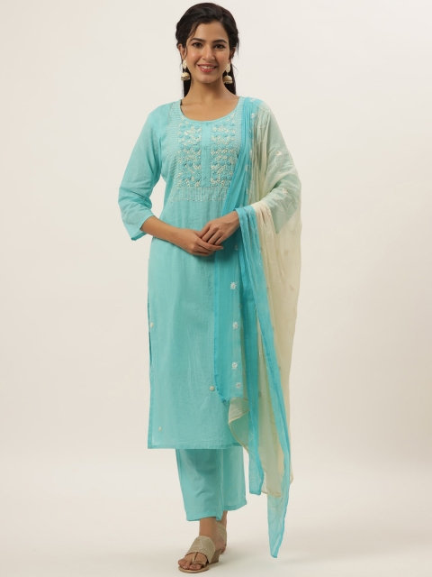 

DIVYANK Women Turquoise Blue Embroidered Panelled Thread Work Pure Cotton Kurti with Trousers & With Dupatta