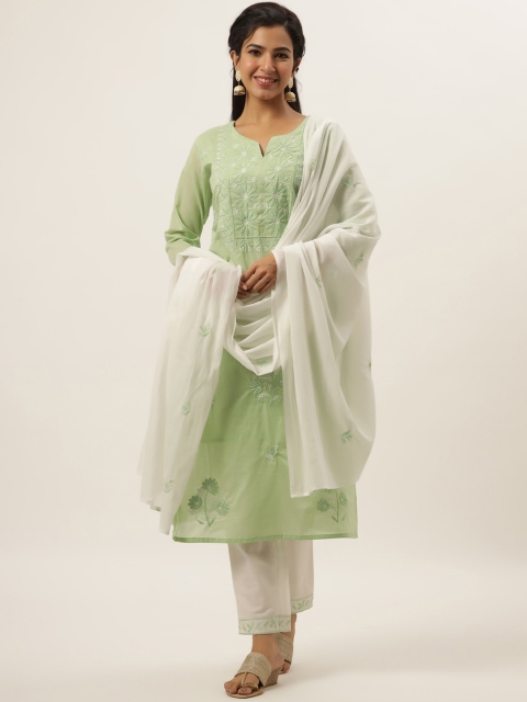 

DIVYANK Women Green Embroidered Thread Work Pure Cotton Kurta Set With Dupatta