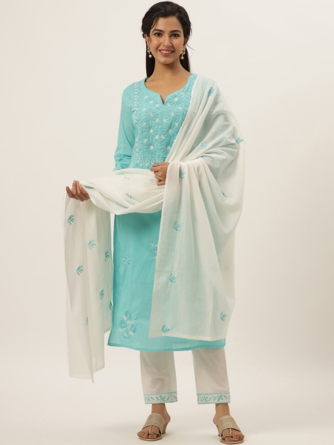 

DIVYANK Women Turquoise Blue Floral Embroidered Thread Work Pure Cotton Kurta with Trousers & With Dupatta