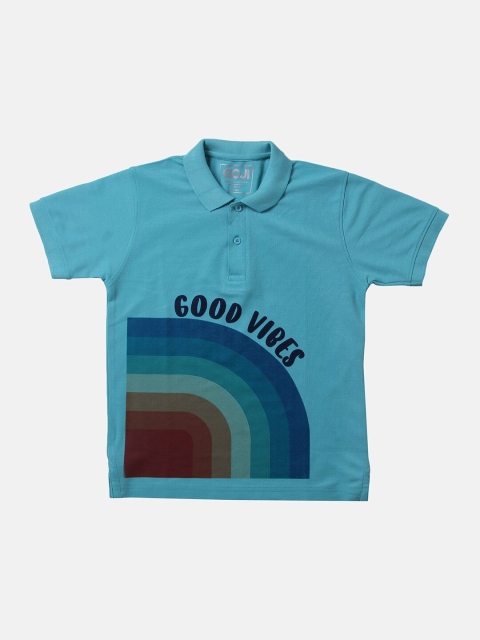 

GOJI Boys Green Typography Striped Polo Collar Applique T-shirt