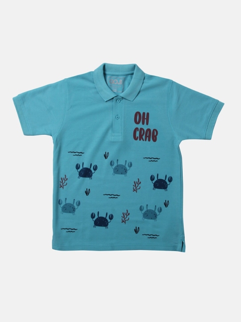 

GOJI Boys Green Typography Printed Polo Collar Applique T-shirt