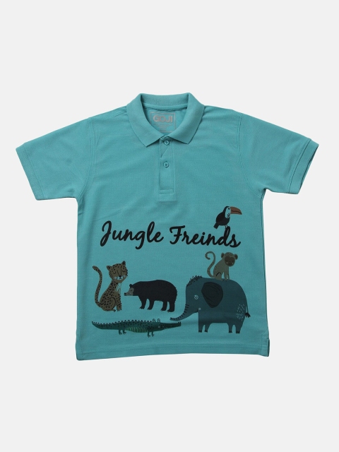 

GOJI Boys Green Typography Printed Polo Collar Applique T-shirt