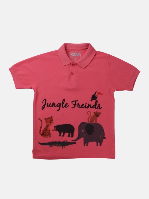 

GOJI Boys Pink Typography Printed Polo Collar Applique T-shirt