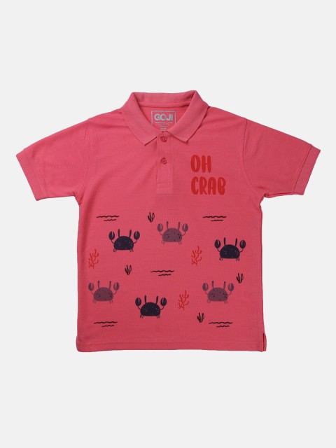 

GOJI Boys Pink Typography Printed Polo Collar Applique T-shirt