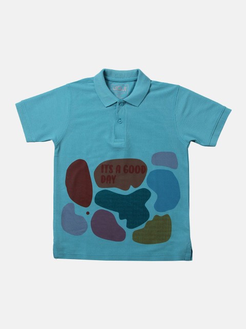 

GOJI Boys Green Printed Polo Collar Applique T-shirt