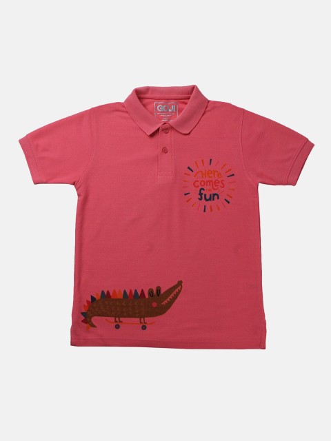 

GOJI Boys Pink Typography Printed Polo Collar Applique T-shirt
