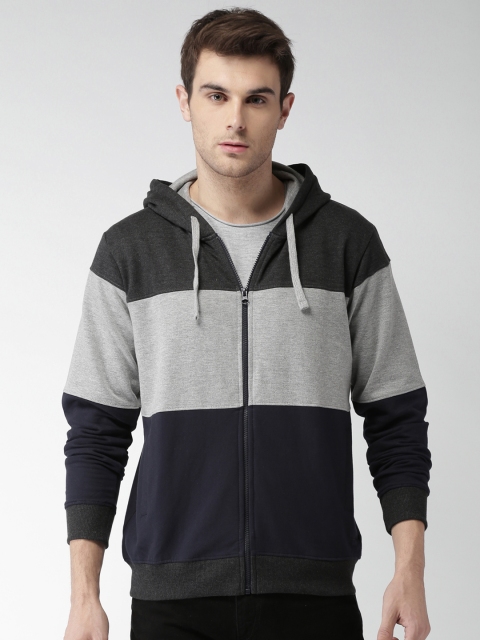 

Mast & Harbour Men Grey & Navy Blue Colourblocked Hooded Sweatshirt
