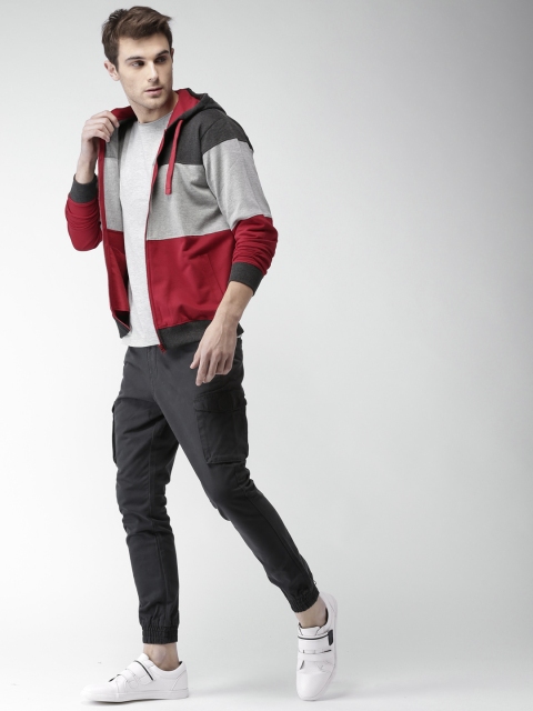 

Mast & Harbour Men Grey & Red Colourblocked Hooded Sweatshirt