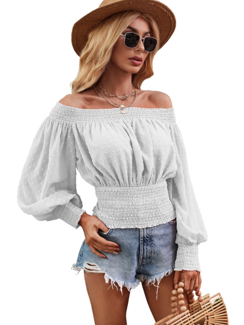 

La Aimee Women White & nimbus cloud Off-Shoulder Bishop Sleeves Bardot Top