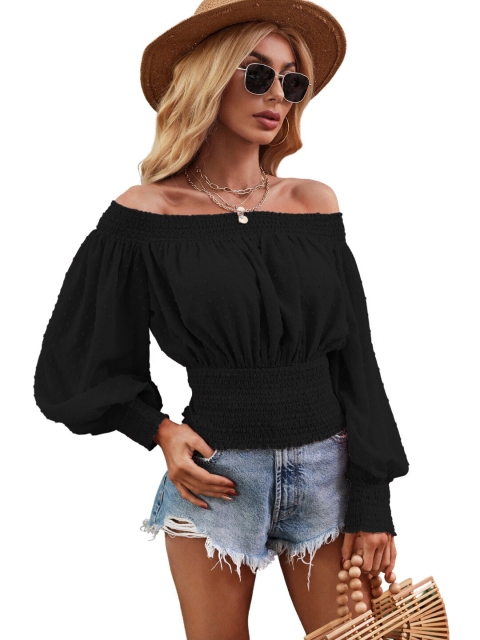 

La Aimee Women Black Off-Shoulder Bishop Sleeves Bardot Top