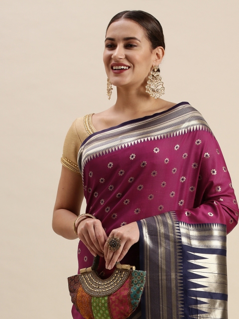 

Rudra Fashion Magenta & Blue Ethnic Motifs Silk Blend Banarasi Saree