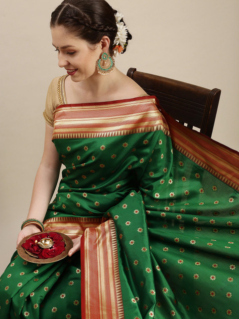 

Rudra Fashion Green & Red Ethnic Motifs Silk Blend Banarasi Saree