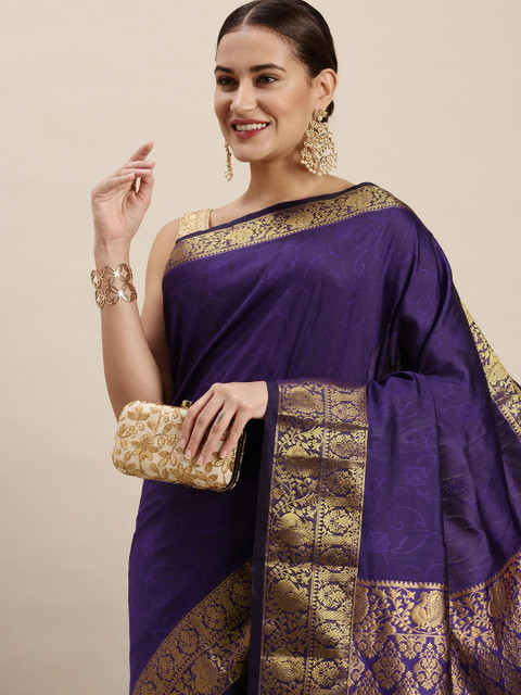 

Rudra Fashion Violet & Golden Ethnic Motifs Silk Blend Banarasi Saree