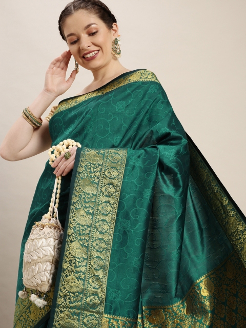 

Rudra Fashion Teal & Gold-Toned Ethnic Motifs Silk Blend Banarasi Saree