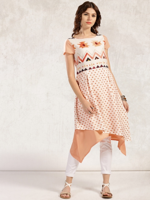 

Anouk Women White & Peach-Coloured Printed A-Line Kurta