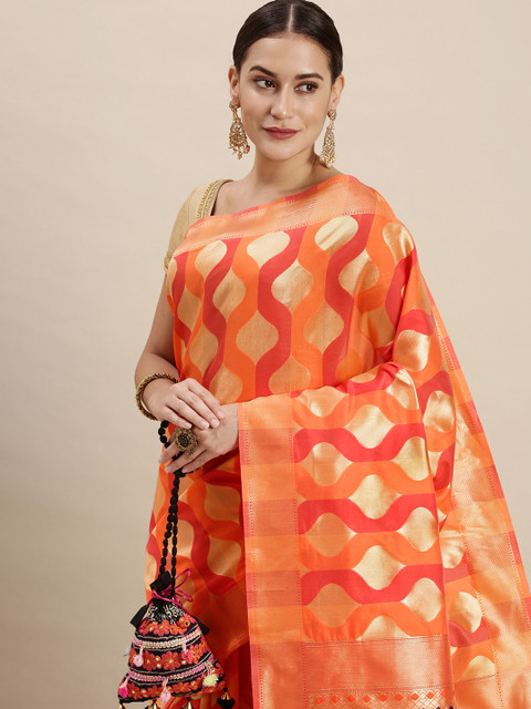 

Rudra Fashion Orange & Pink Silk Blend Banarasi Saree