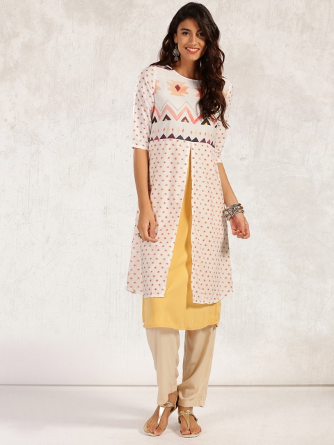 

Anouk Women Off-White & Yellow Printed A-Line Kurta