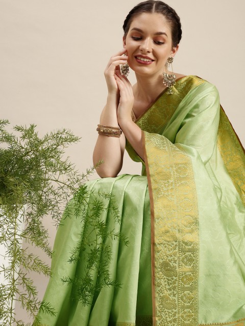 

Rudra Fashion Green Ethnic Motifs Silk Blend Banarasi Saree