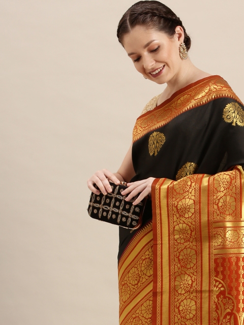 

Rudra Fashion Red & Black Ethnic Motifs Silk Blend Kanjeevaram Saree