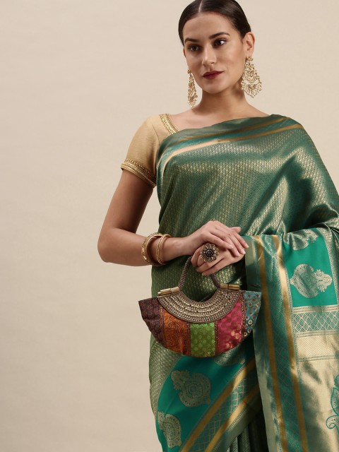 

Rudra Fashion Turquoise Blue & Gold-Toned Ethnic Motifs Silk Blend Banarasi Saree