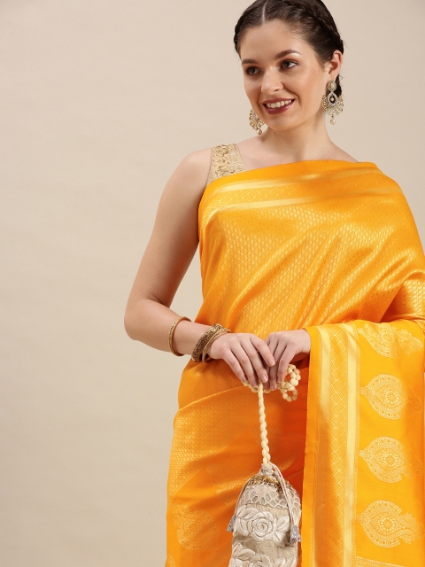 

Rudra Fashion Orange & Gold-Toned Ethnic Motifs Silk Blend Banarasi Saree