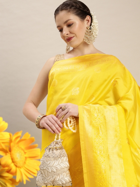 

Rudra Fashion Yellow & Gold-Toned Ethnic Motifs Silk Blend Banarasi Saree