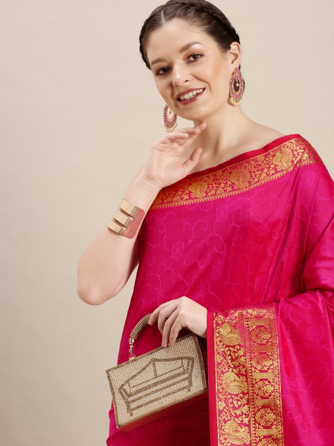 

Rudra Fashion Pink Ethnic Motifs Silk Blend Banarasi Saree
